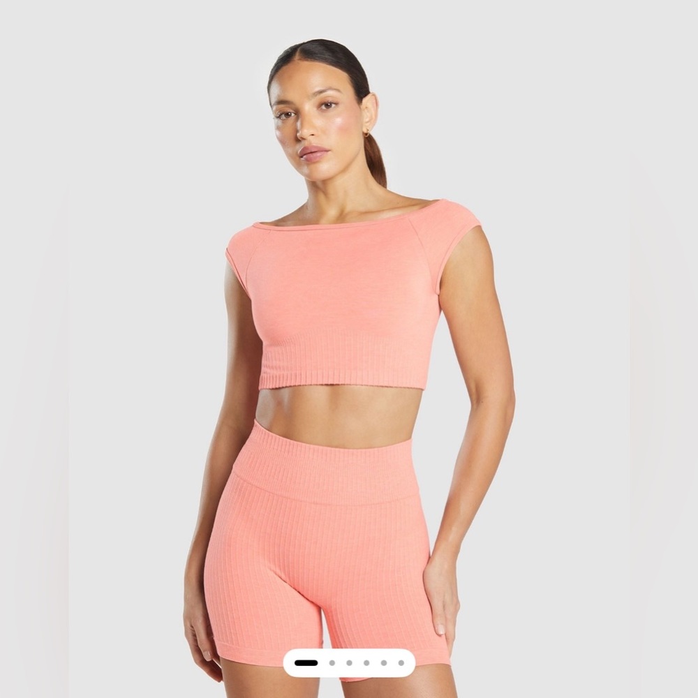 Gymshark | Luxe Seamless Boat Neck Crop Top, Bros Muted Coral Marl, Size S